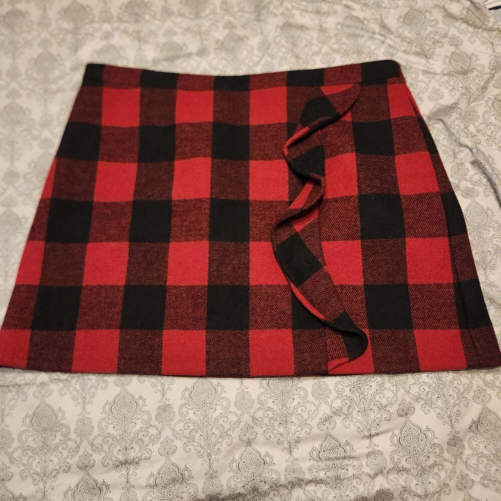J.Crew Red and Black Buffalo Check Wool-Blend Ruffle Mini Skirt